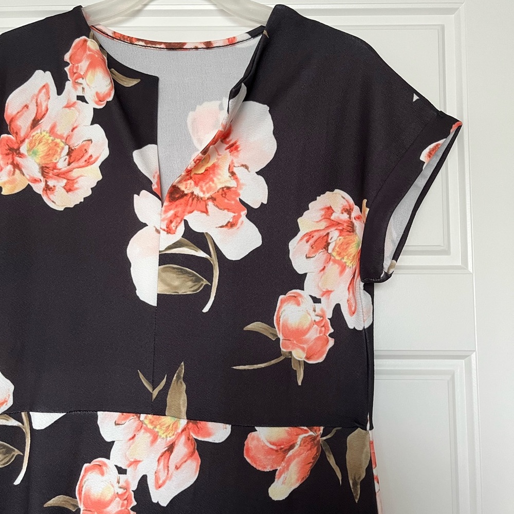 Black floral dress with tie waist